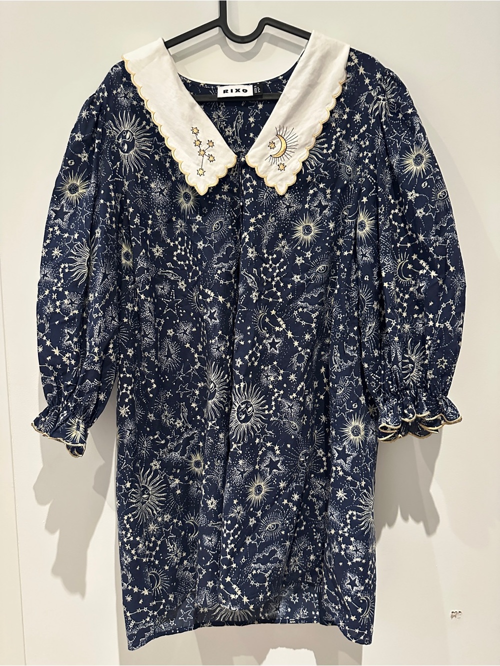 Rixo Navy Starry Sky Dress with Embroidered Collar